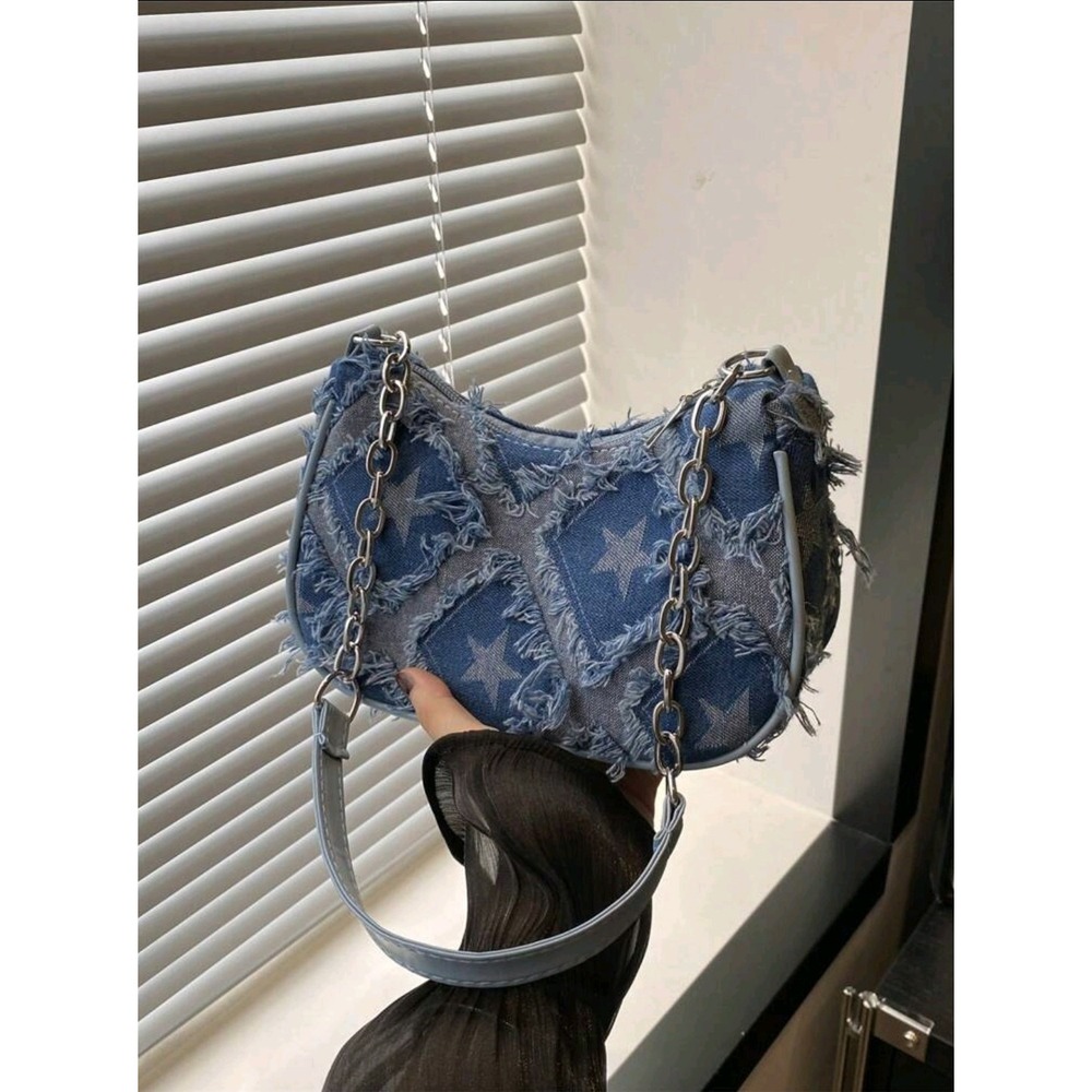 Trendy Frayed Denim Shoulder Bag with Star‎ Pattern Purse Handbag for Woman